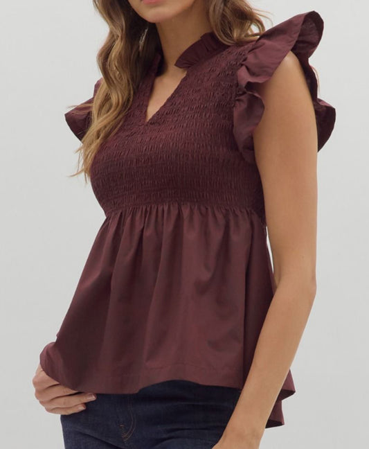 z   Solid Wine Smocked Bodice Top