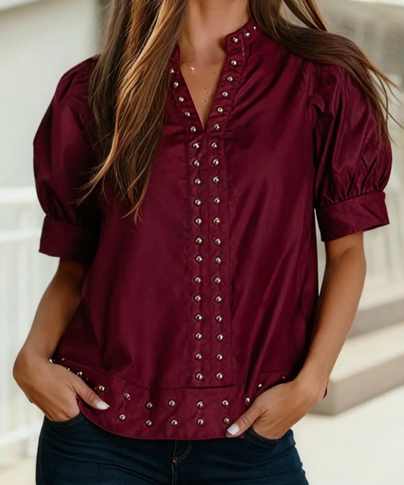 z   Rivet Embellished V Neck Puff Sleeve Top