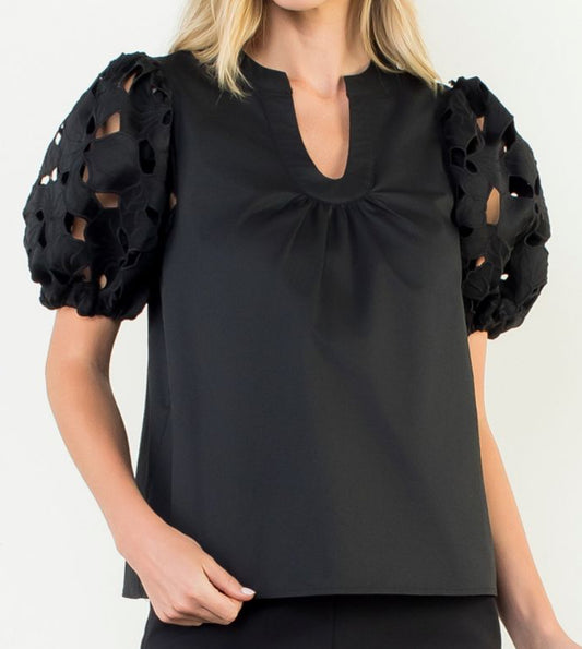 z   Eyelet Detail Puff Sleeve V-Neck Top