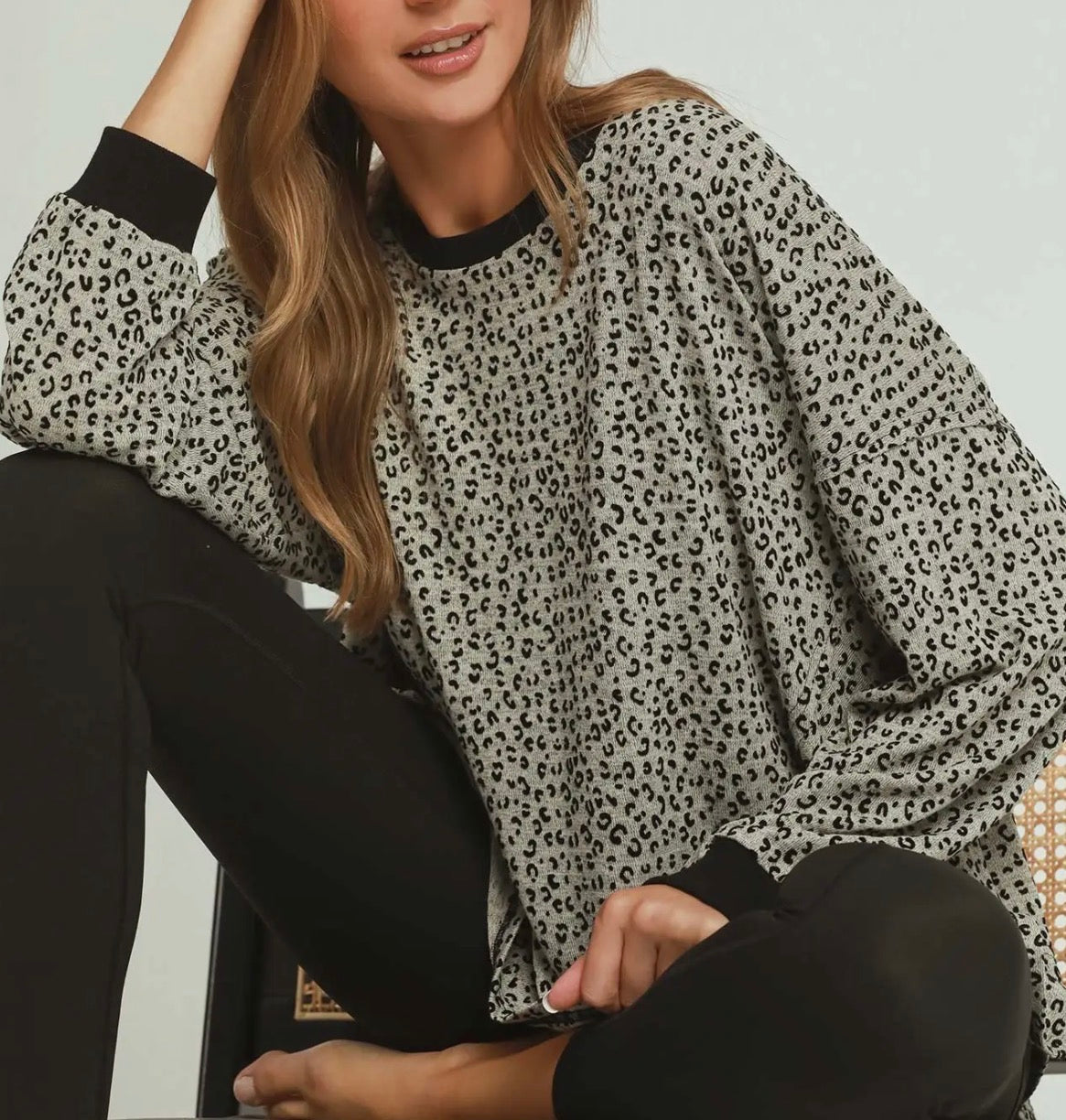 z   Leopard Velvet Uneven Hem Top Stone