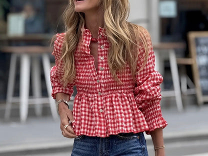 z   Chic Leisure Checker Plaid Ruffle Top