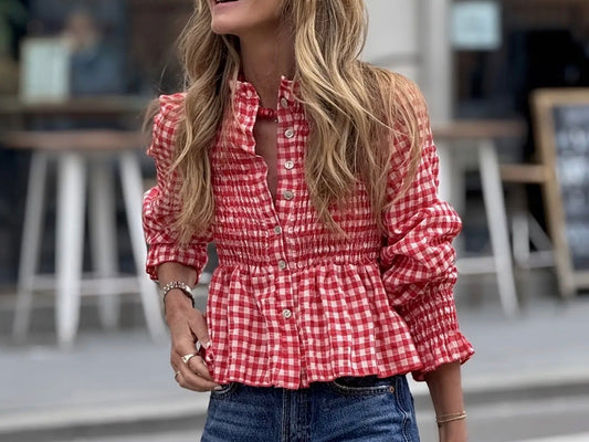 z   Chic Leisure Checker Plaid Ruffle Top