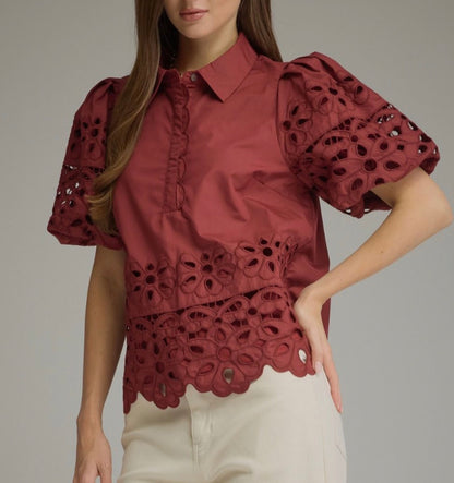 z   Puff Sleeve Eyelet Top