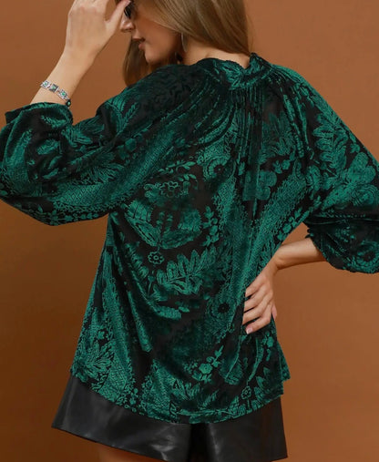 z   Damask Print Velvet Split Top Hunter Green