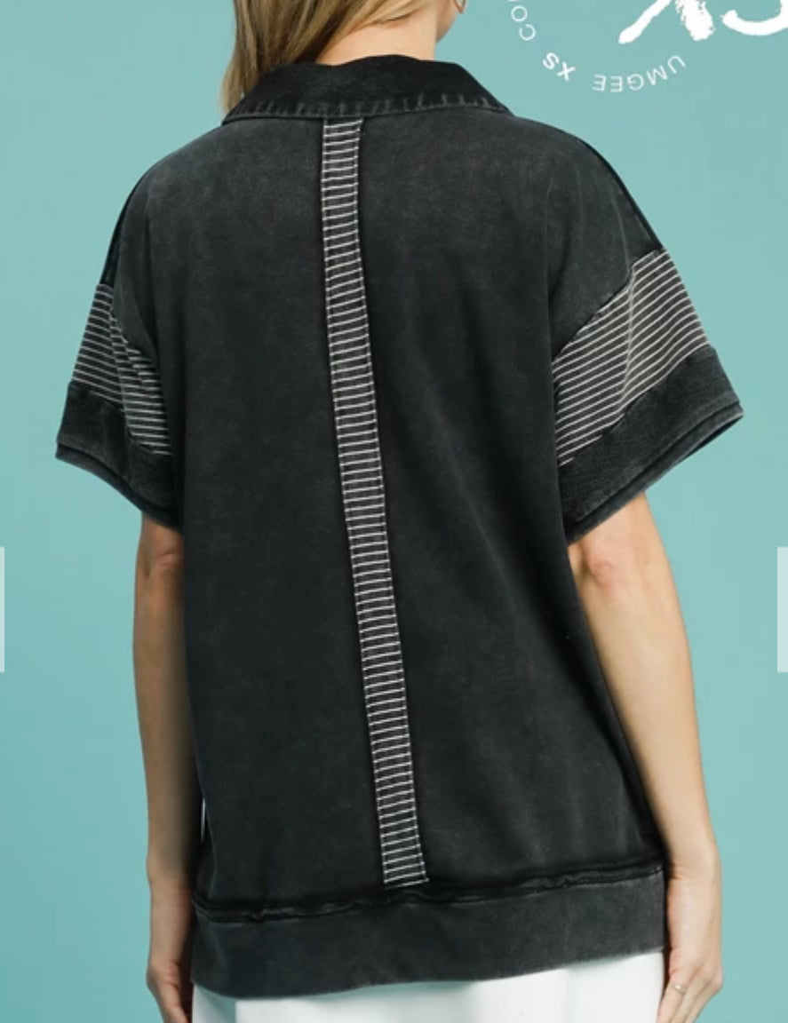 z   Striped Contrast Washed Polo Tunic