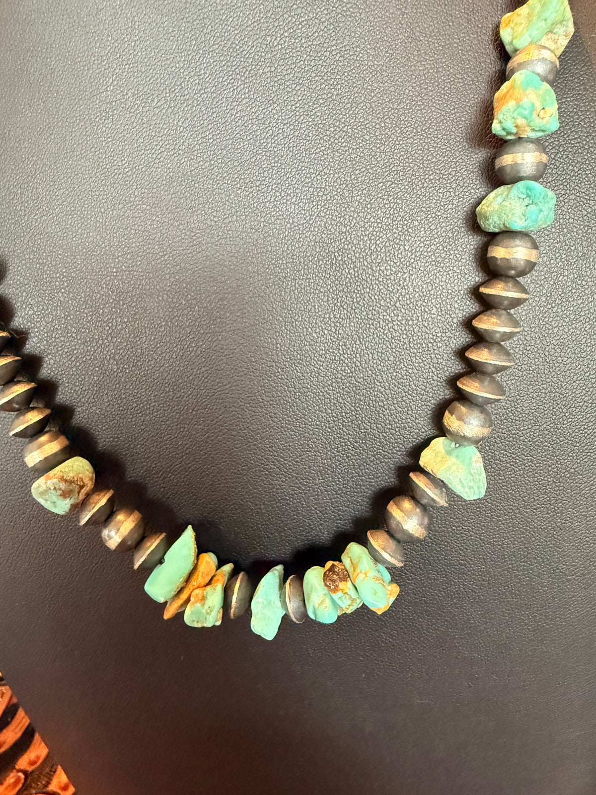 Handmade Sterling Silver and Kingman Turquoise Nugget Necklace  20" Long