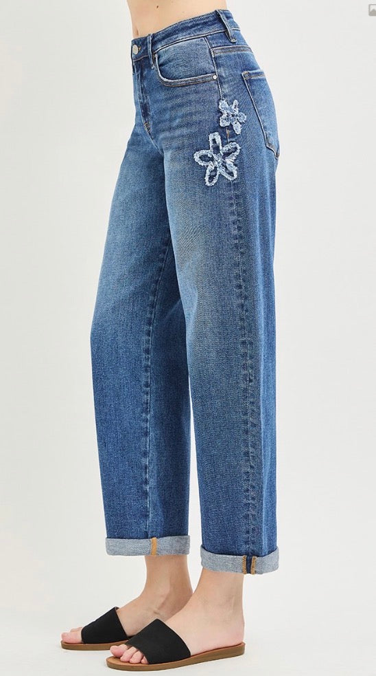 z   Risen Dark Washed Flower Patch Cropped Barrel Jeans