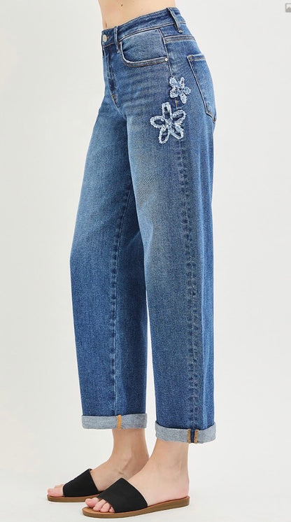 z   Risen Dark Washed Flower Patch Cropped Barrel Jeans