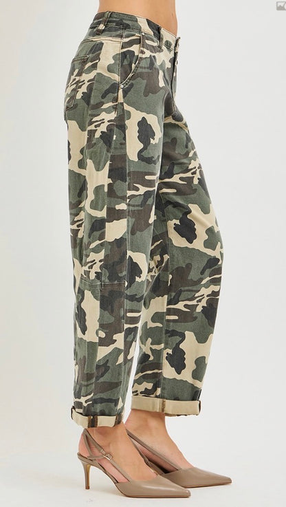 z   Risen Faded Camo High Rise Ankle Barrel Pants
