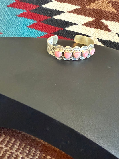Sterling Silver Pink Conch Heart Stone Cuff