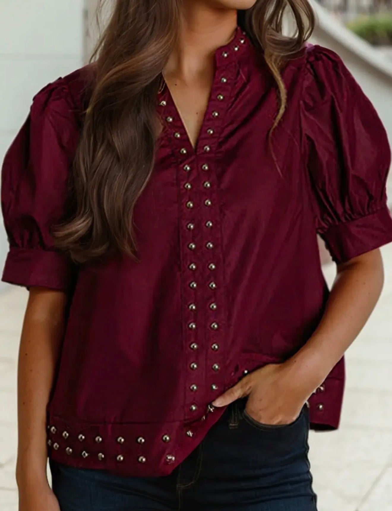 z   Rivet Embellished V Neck Puff Sleeve Top