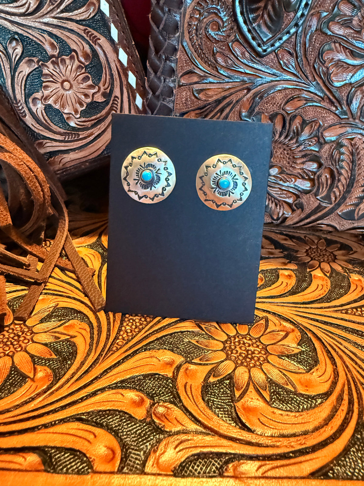 Sterling Silver Concho  with Turquoise Dot Stud Earrings   By Raymond Coriz