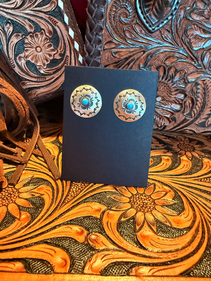 Sterling Silver Concho  with Turquoise Dot Stud Earrings   By Raymond Coriz