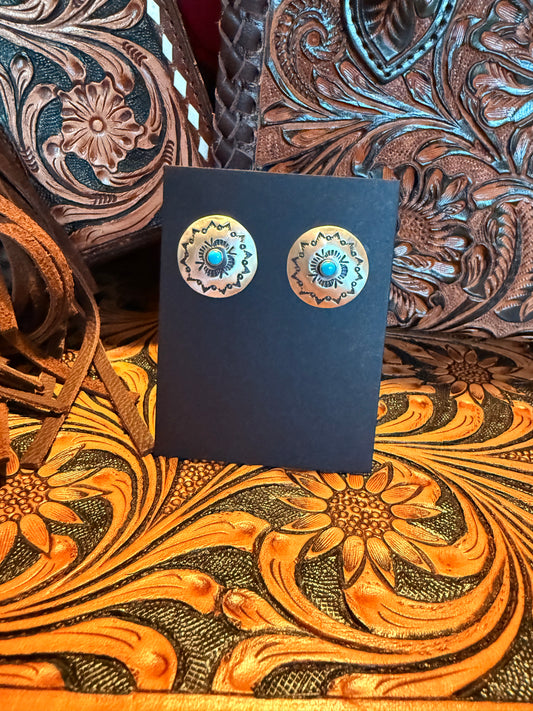 Sterling Silver Concho  with Turquoise Dot Stud Earrings   By Raymond Coriz