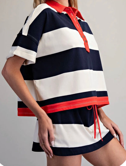 z   Striped Contrasting Polo Set