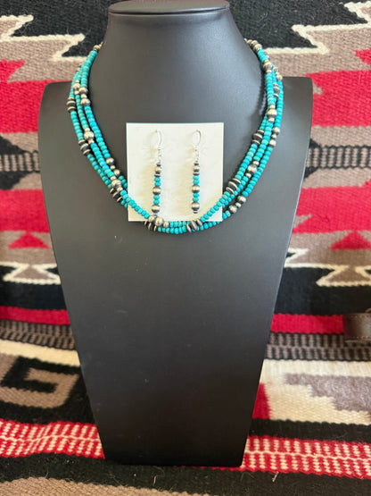 3 Strand Sterling Silver and Turquoise Necklace and Earring Set