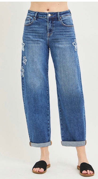 z   Risen Dark Washed Flower Patch Cropped Barrel Jeans
