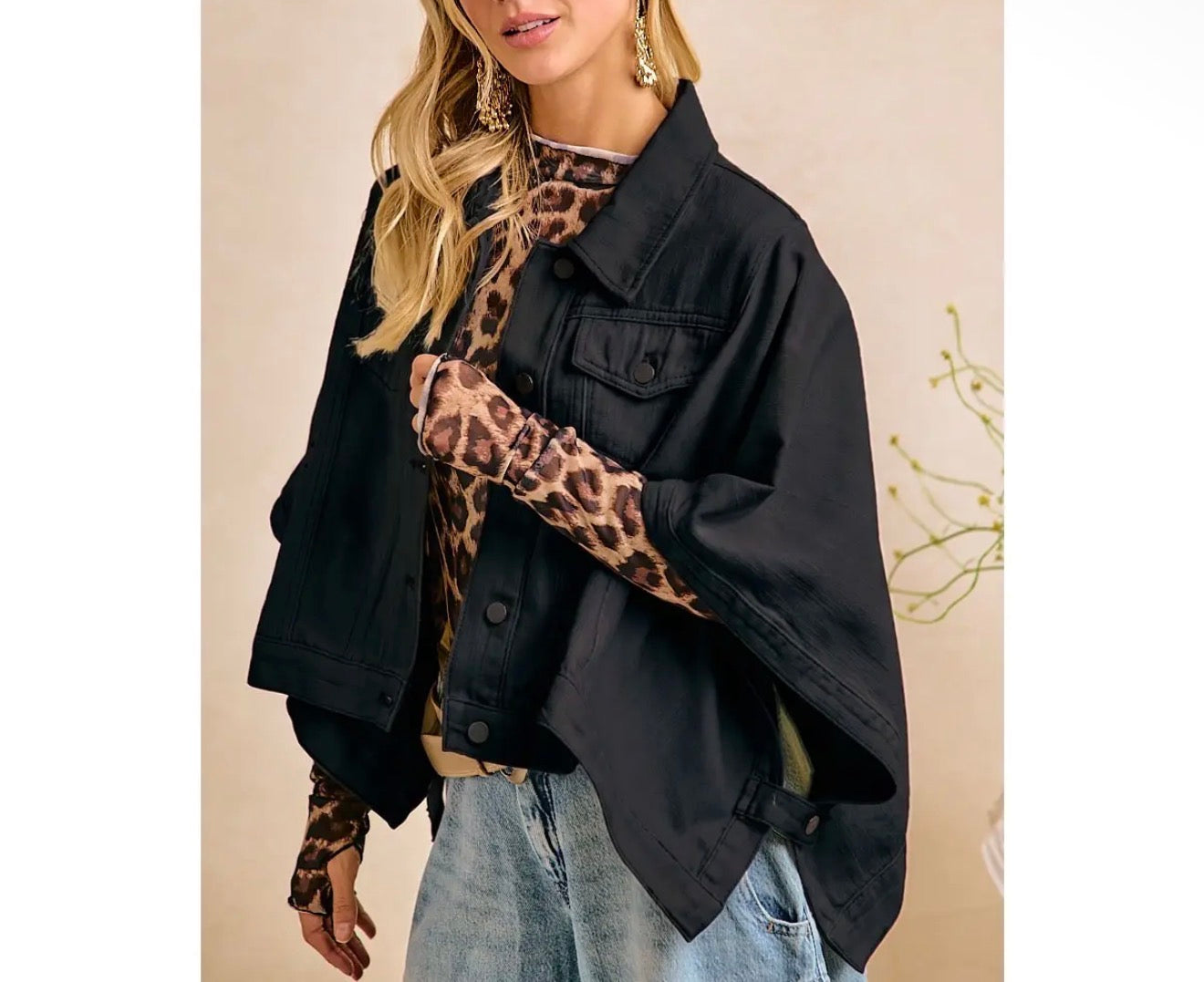 z   Black Oversized Cape Sleeve Cropped Denim Jacket