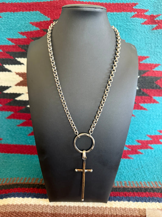 v2   Fancy Link Chain Necklace with a Match Stick Hammered Cross