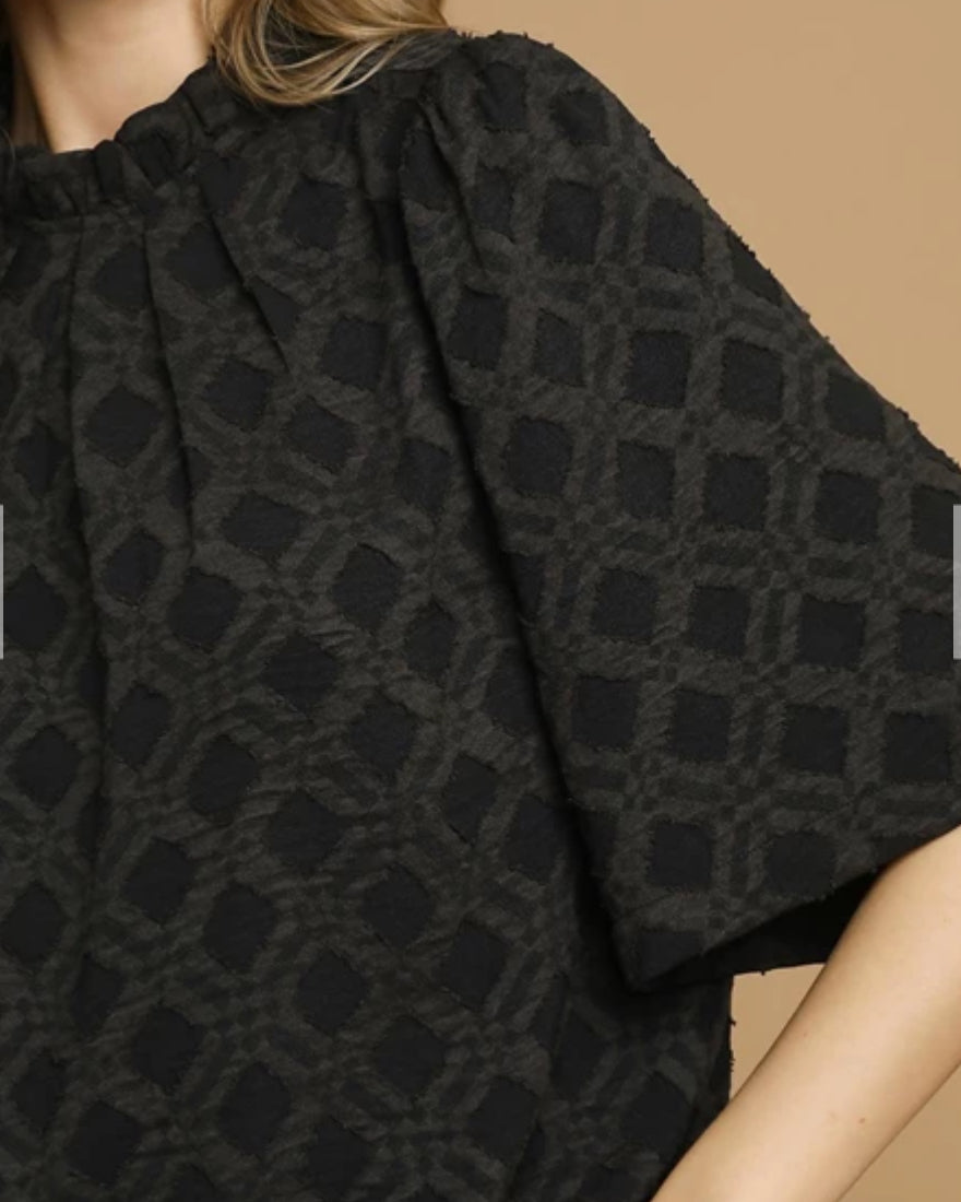 z   Textured Lattice Mock Neck Blouse