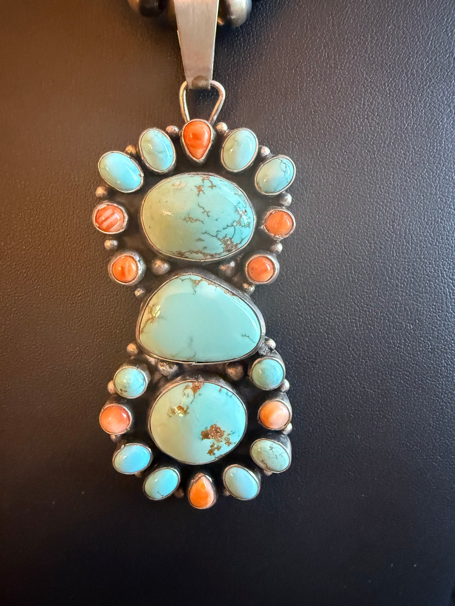 Sterling Silver Pendant with Orange Spiny and #8 Turquoise Stones