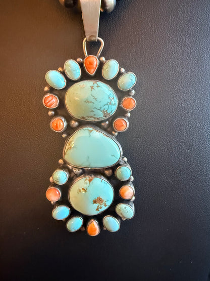 Sterling Silver Pendant with Orange Spiny and #8 Turquoise Stones