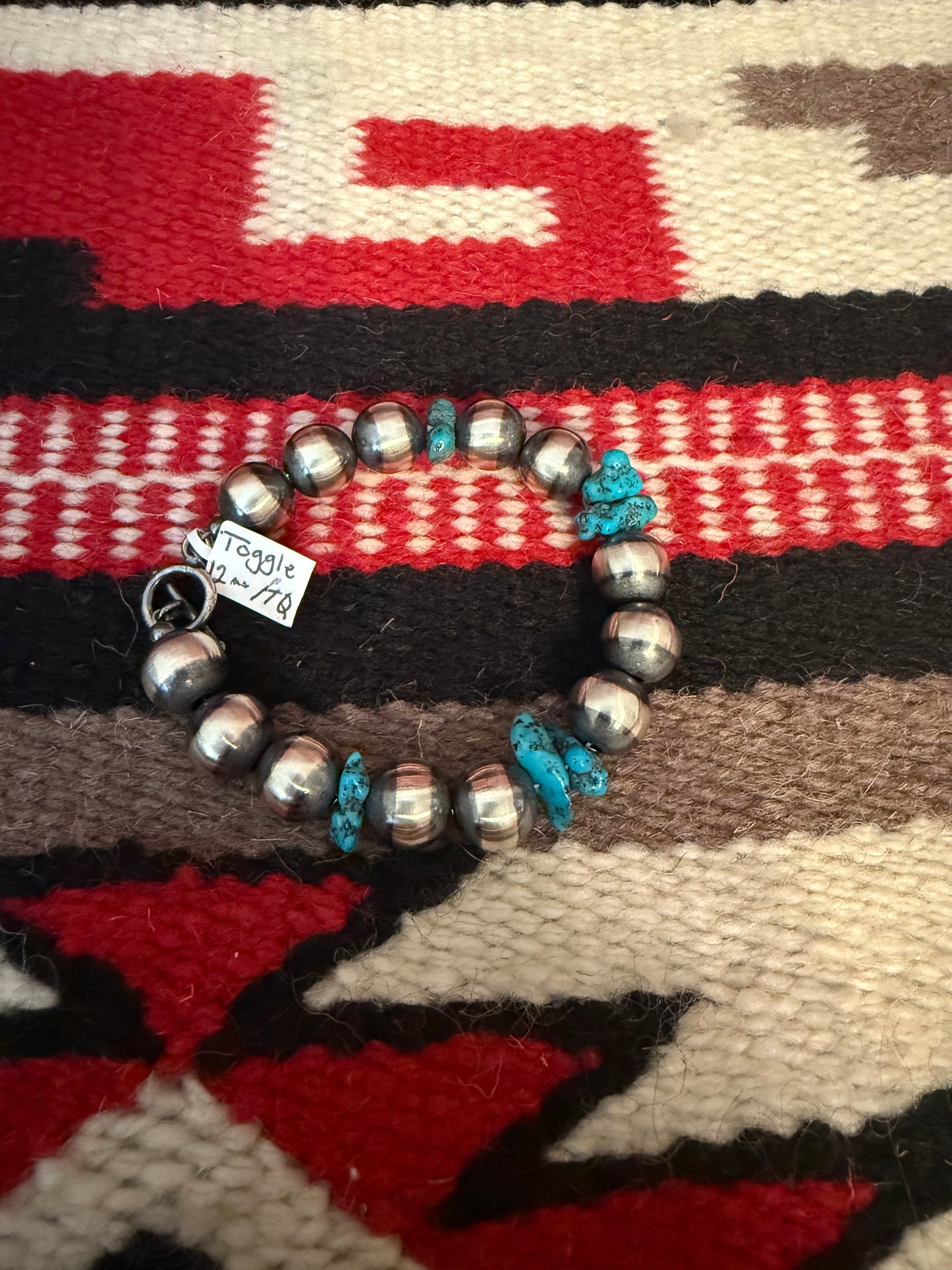 12mm Sterling Silver Navajo Pearl Toggle Bracelet with Turquoise Nuggets