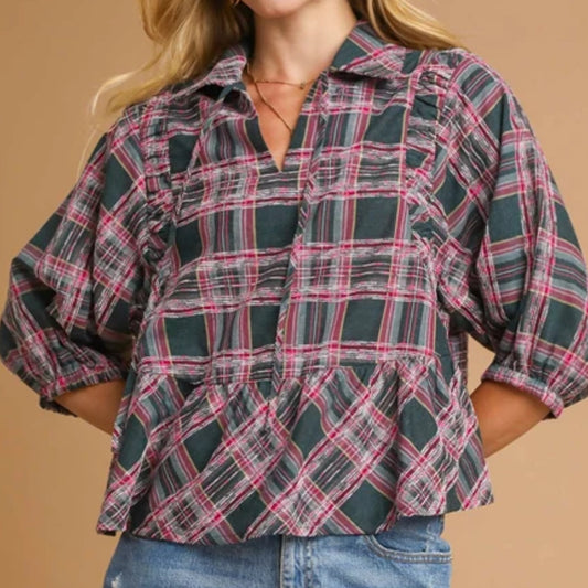 z   Plaid Peplum Top 3/4 Sleeves