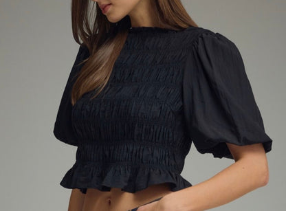 z   Black Smocked Bodice Puffed Sleeve Top