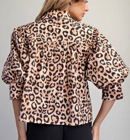 z   Leopard 3/4 Puffed Sleeve Top