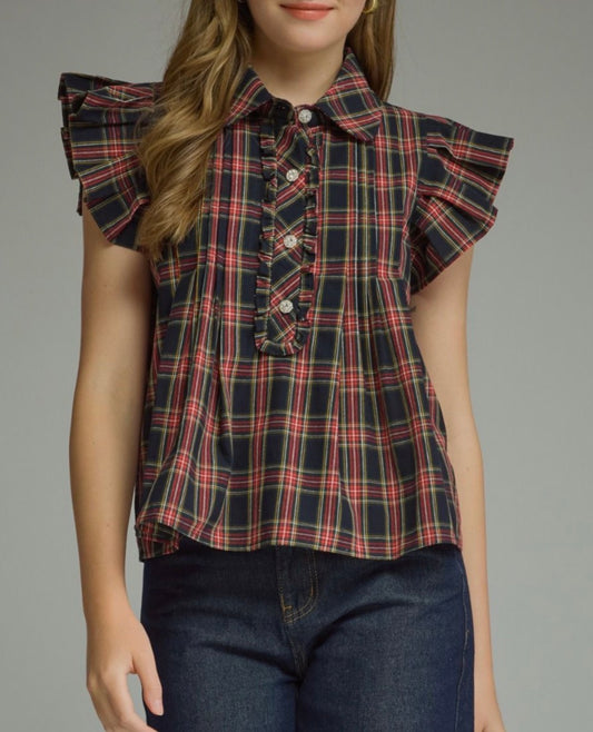 z   Navy Plaid Ruffle Sleeve Top