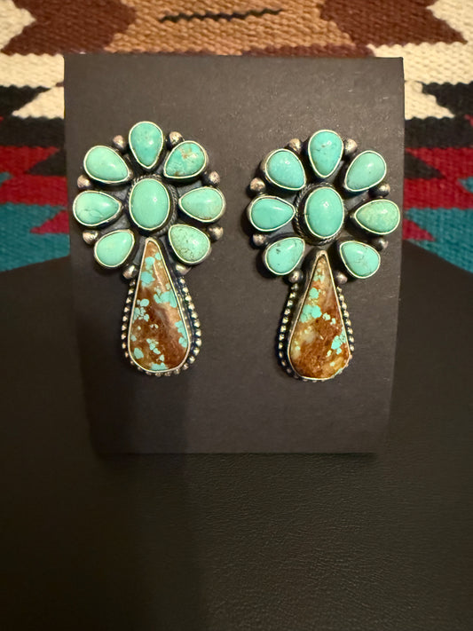 Sterlin Silver and #8 Turquoise Teardrop Cluster Earrings
