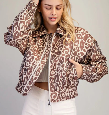 z   Leopard Printed Zip Up Satin Bomber Jacket