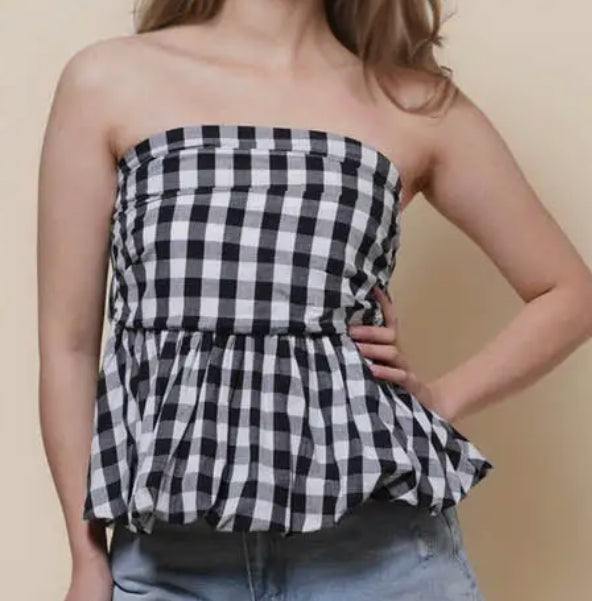 z   Strapless Color Block Plaid Tube Top