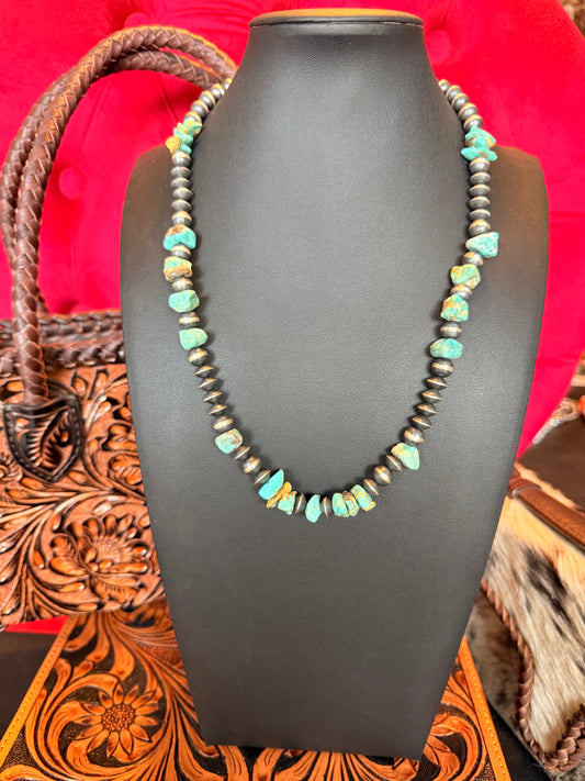 Handmade Sterling Silver and Kingman Turquoise Nugget Necklace  20" Long