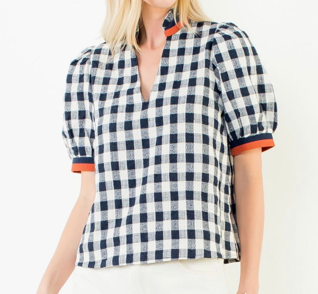 z   Puffed Sleeve Checkered Pattern V-Neck Top