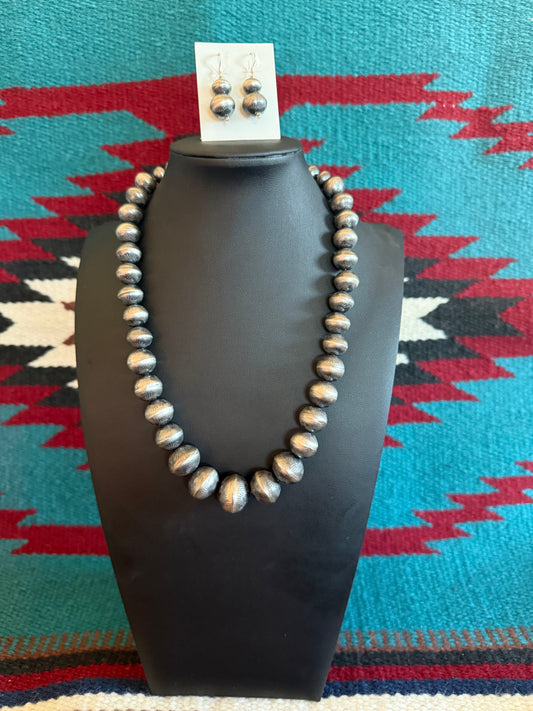 Handmade Navajo Pearl Graduated Necklace with Stamped Pearls 20" Long and Earrings