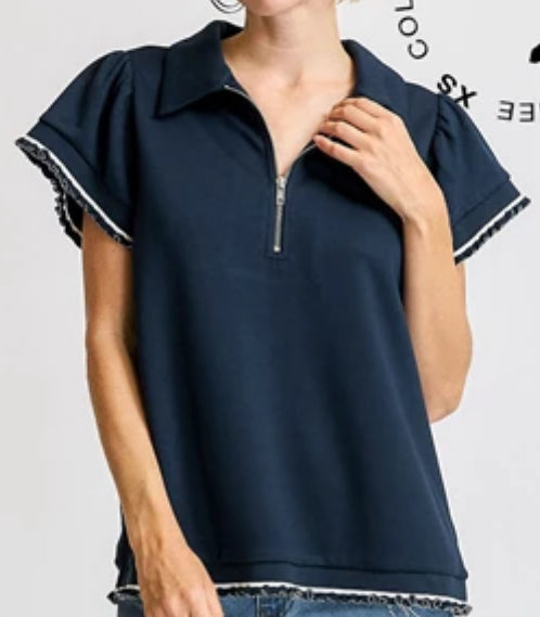 z   Zip-Up Ruffle Edge Polo Top