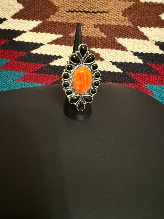 Sterling Silver Cluster Ring with Stones of Black Onyx and Orange Spiny