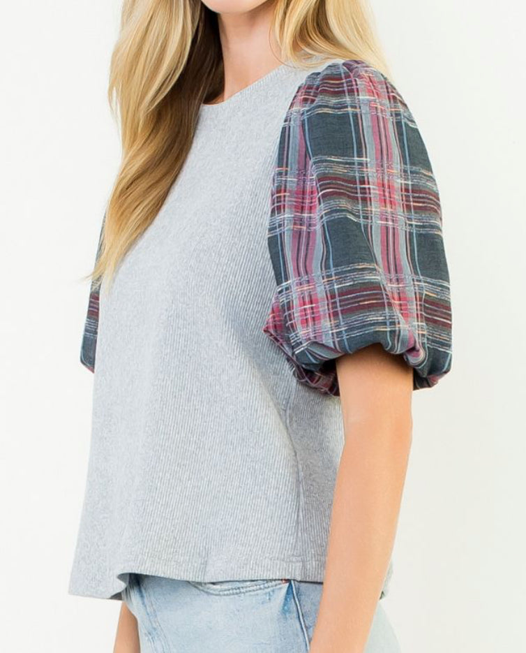 z   Plaid Puffed Sleeve Rib Knit Top