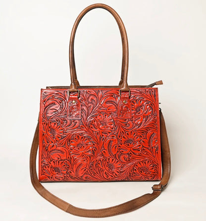 American Darling Red Hand-Tooled Genuine Leather Crossbody Tote Bag