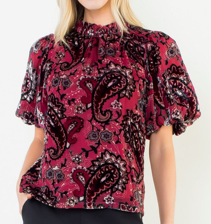 z   Burgundy Velvet Paisley Puffed Sleeve Top