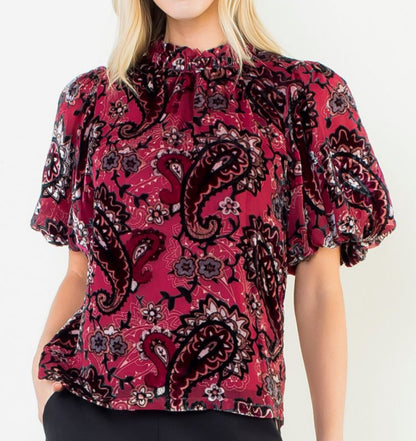 z   Burgundy Velvet Paisley Puffed Sleeve Top