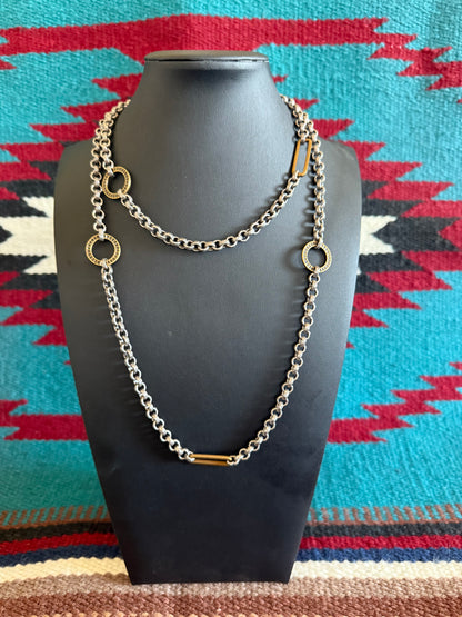 v2   Fancy Link Chain Long Necklace with Detailed Gold Pieces 38" Long