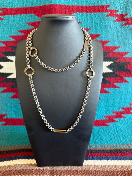 v2   Fancy Link Chain Long Necklace with Detailed Gold Pieces 38" Long