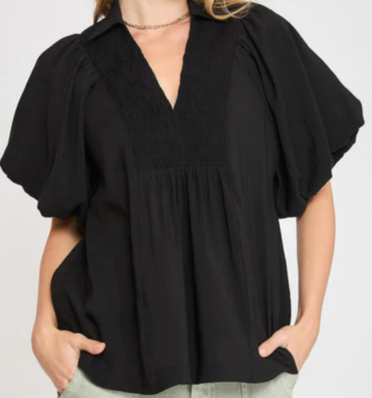 z   Bubble Sleeve Top with Front Yoke and Smocking Details