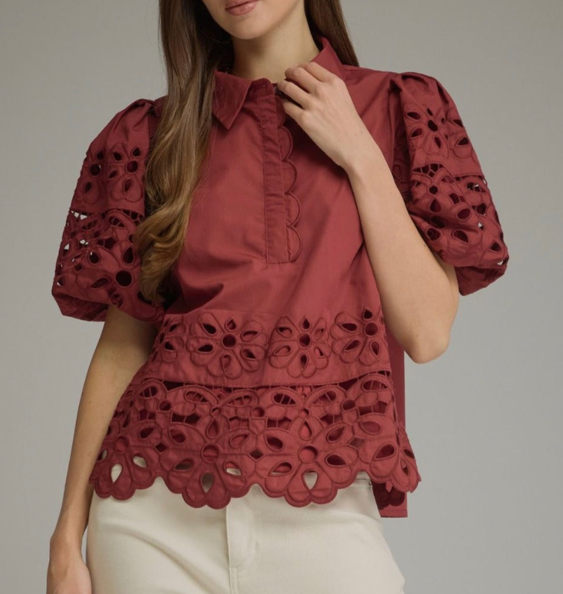 z   Puff Sleeve Eyelet Top