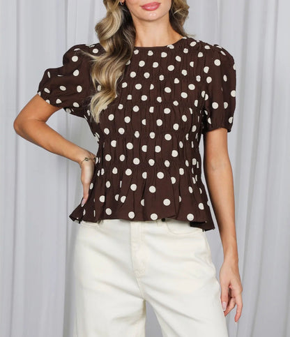 z   Charming Brown Polka Dot Smocked Top