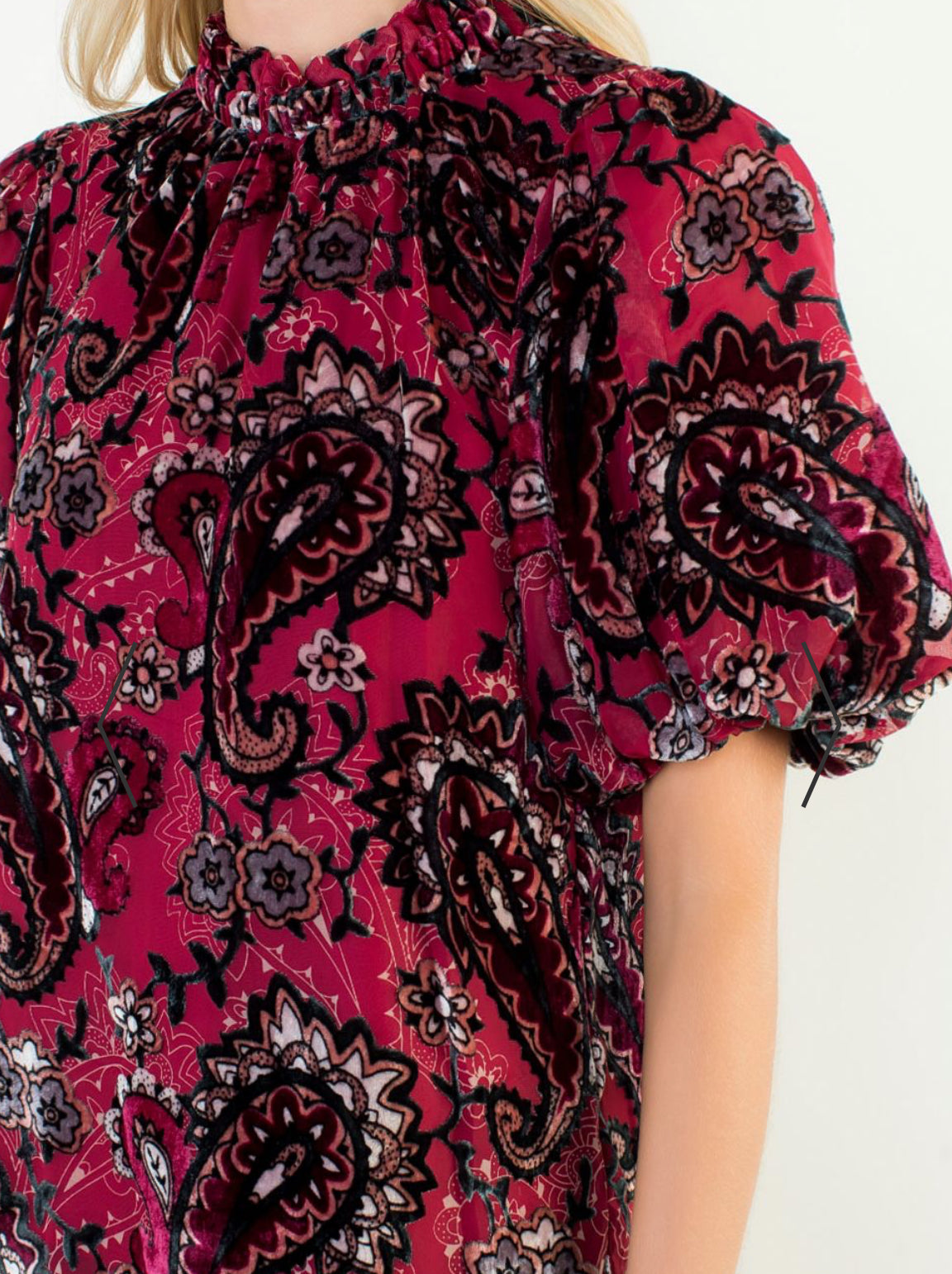 z   Burgundy Velvet Paisley Puffed Sleeve Top