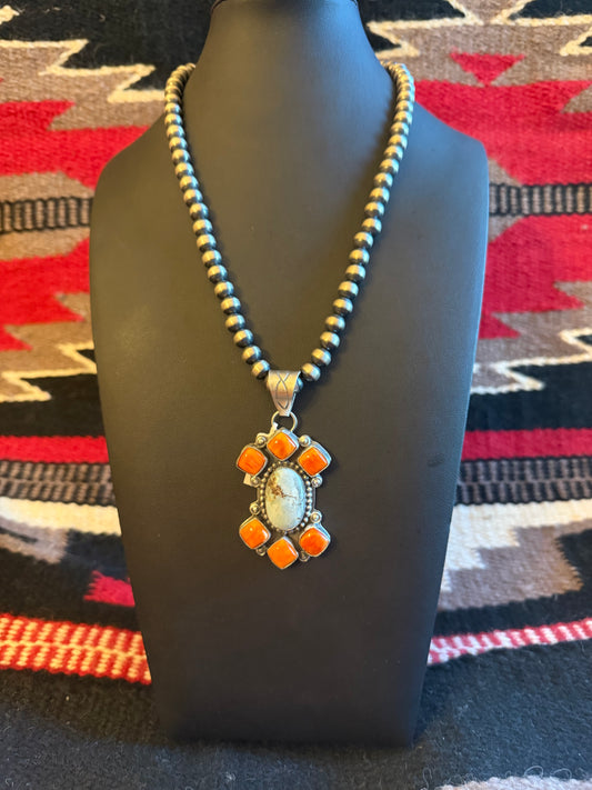 Sterling Silver Pendant with Golden Hills Turquoise and Orange Spiny Stones